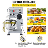 VEVOR Professional Kitchen Mixer, 10Qt Capacity with Timer, 450W Stainless Steel Bowl Durable Electric Mixer for Commercial Use, 3 Speed Options 113/184/341 RPM, Includes Dough Hook & Whisk