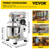 VEVOR Professional Kitchen Mixer, 10Qt Capacity with Timer, 450W Stainless Steel Bowl Durable Electric Mixer for Commercial Use, 3 Speed Options 113/184/341 RPM, Includes Dough Hook & Whisk