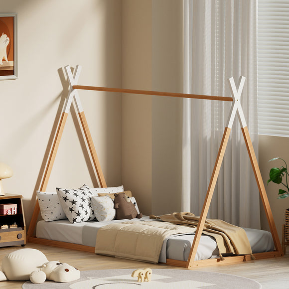 NNEDSZ Artiss Bed Frame Wooden Kids House Single Frame Oak ENID