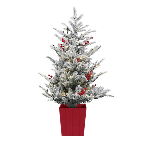 NNEDSZ Jingle Jollys Christmas Tree 1M LED Potted Xmas Party Decor Red Barries Flocked