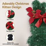 NNEDSZ Jingle Jollys Cat Christmas Wreath Pre-lit 20 LED Xmas Decor Bow Flower 35x30cm