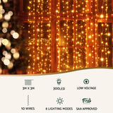 NNEDSZ Jingle Jollys 3X3M Christmas Lights Curtain String Light 300 LED Warm White