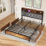 NNETM Queen Size Bed Frame with Drawers, Shelf, Headboard & Charging Station(Brown)
