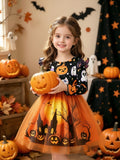 Cute Elegant Halloween Christmas Orange Straight Long Sleeve Cartoon Cute Ghost Pumpkin And Other Patterns Forest Cartoon Pattern Mesh Skirt New Autumn Winter Dress Suitable for Holidays Vacation Daily Wear Party Banquet Performance Gradu