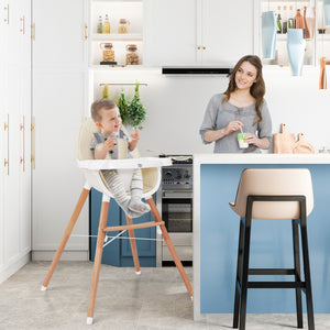 NNECW Wooden High Chair with Double 4-Gear Tray for Babies-Beige
