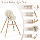 NNECW Wooden High Chair with Double 4-Gear Tray for Babies-Beige