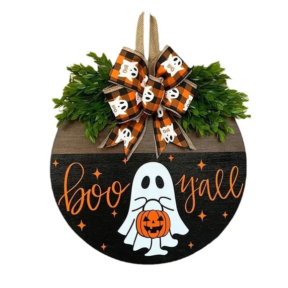 NNEOBA Halloween Ghost Wreath with Wooden Round Board