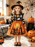 Cute Elegant Halloween Christmas Orange Straight Long Sleeve Cartoon Cute Ghost Pumpkin And Other Patterns Forest Cartoon Pattern Mesh Skirt New Autumn Winter Dress Suitable for Holidays Vacation Daily Wear Party Banquet Performance Gradu