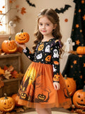 Cute Elegant Halloween Christmas Orange Straight Long Sleeve Cartoon Cute Ghost Pumpkin And Other Patterns Forest Cartoon Pattern Mesh Skirt New Autumn Winter Dress Suitable for Holidays Vacation Daily Wear Party Banquet Performance Gradu