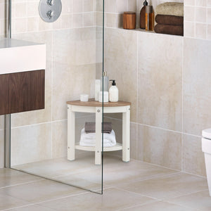 NNECW Corner Shower Bench Stool with Storage Shelf for Indoor/Outdoor Use-Coffee
