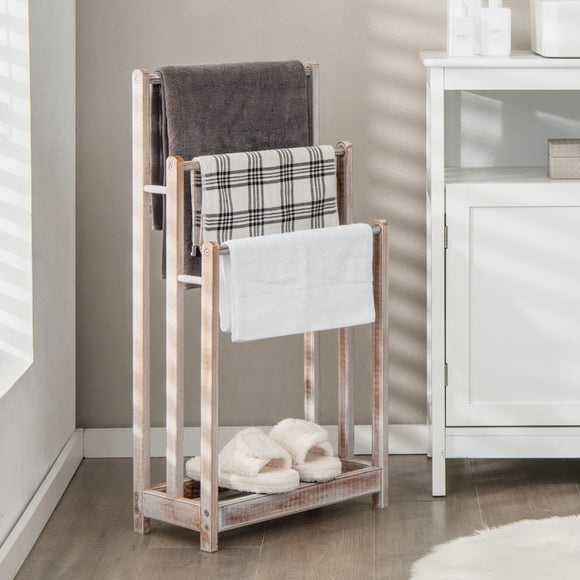 NNECW Freestanding Wood Towel Rack with Bottom Storage Shelf for Bathroom-White