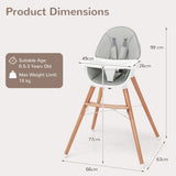 NNECW Wooden High Chair with Double 4-Gear Tray for Babies-Grey