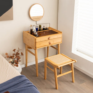 NNECW Bamboo Makeup Vanity Table with Mirror and 2 Storage Drawers