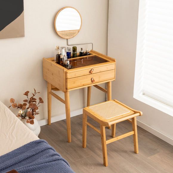 NNECW Bamboo Makeup Vanity Table with Mirror and 2 Storage Drawers