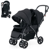 NNECW Folding Double Baby Stroller with Tandem Seating &amp; Canopy for Toddlers-Black