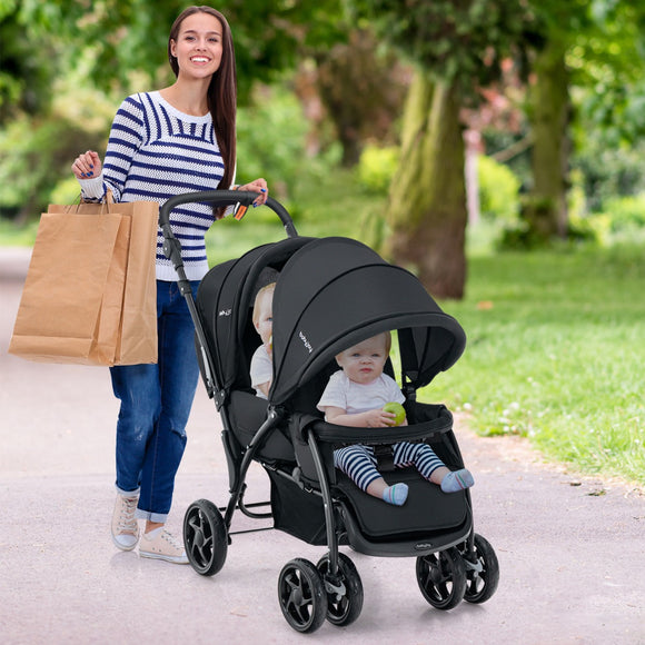 NNECW Folding Double Baby Stroller with Tandem Seating & Canopy for Toddlers-Black