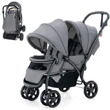 NNECW Folding Double Baby Stroller with Tandem Seating &amp; Canopy for Toddlers-Grey