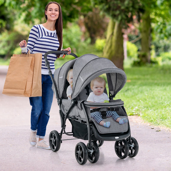 NNECW Folding Double Baby Stroller with Tandem Seating & Canopy for Toddlers-Grey