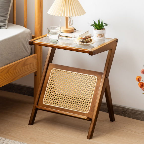 NNECW Z-shaped Boho Bamboo End Table with Tempered Glass Top-Brown