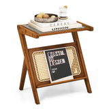 NNECW Z-shaped Boho Bamboo End Table with Tempered Glass Top-Brown