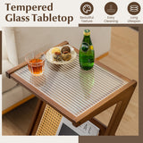 NNECW Z-shaped Boho Bamboo End Table with Tempered Glass Top-Brown