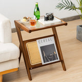NNECW Z-shaped Boho Bamboo End Table with Tempered Glass Top-Brown