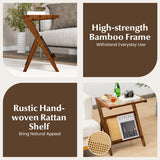 NNECW Z-shaped Boho Bamboo End Table with Tempered Glass Top-Brown