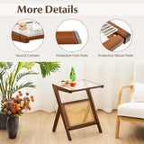 NNECW Z-shaped Boho Bamboo End Table with Tempered Glass Top-Brown