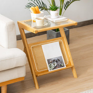 NNECW Z-shaped Boho Bamboo End Table with Tempered Glass Top-Natural