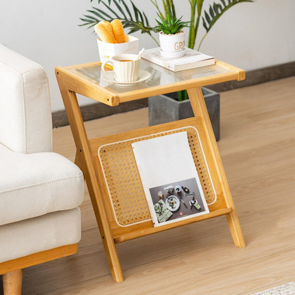 NNECW Z-shaped Boho Bamboo End Table with Tempered Glass Top-Natural