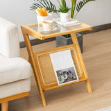 NNECW Z-shaped Boho Bamboo End Table with Tempered Glass Top-Natural