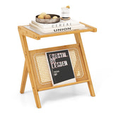 NNECW Z-shaped Boho Bamboo End Table with Tempered Glass Top-Natural