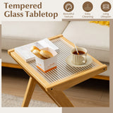 NNECW Z-shaped Boho Bamboo End Table with Tempered Glass Top-Natural