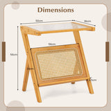 NNECW Z-shaped Boho Bamboo End Table with Tempered Glass Top-Natural