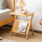 NNECW Z-shaped Boho Bamboo End Table with Tempered Glass Top-Natural