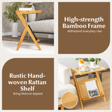 NNECW Z-shaped Boho Bamboo End Table with Tempered Glass Top-Natural