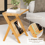 NNECW Z-shaped Boho Bamboo End Table with Tempered Glass Top-Natural