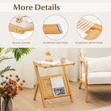 NNECW Z-shaped Boho Bamboo End Table with Tempered Glass Top-Natural