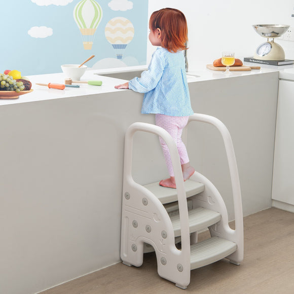 NNECW Three-Step Stool with Safety Handles and Non-slip Pedals for Toddlers-Grey