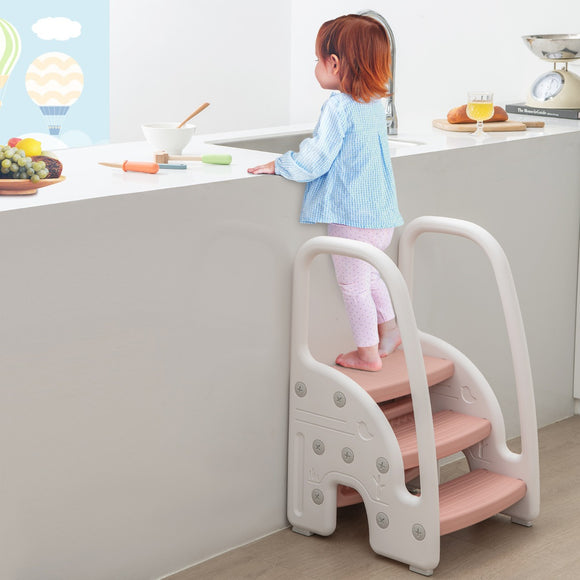 NNECW Three-Step Stool with Safety Handles and Non-slip Pedals for Toddlers-Pink