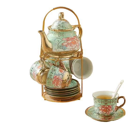 NNETM Green Elegance in Bloom: 20-Piece Ceramic Tea and Coffee Set with Iron Rack