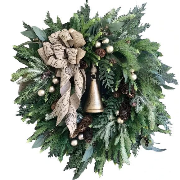 NNEOBA Farmhouse Christmas Wreath with Bells and Pine Cones