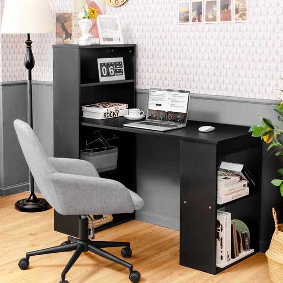 NNECW Modern 3-in-1 Wooden Computer Desk with 6-Tier Storage Bookshelves-Black
