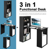 NNECW Modern 3-in-1 Wooden Computer Desk with 6-Tier Storage Bookshelves-Black