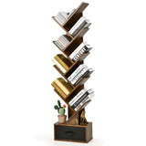 NNECW 10-Tier Tree Bookcase with Drawer for Storage-Brown