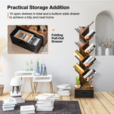 NNECW 10-Tier Tree Bookcase with Drawer for Storage-Brown