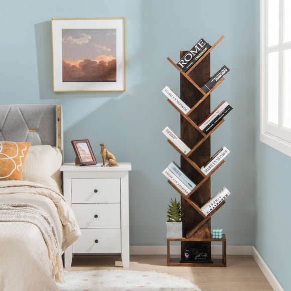 NNECW 10-Tier Tree Bookcase with Drawer for Storage-Brown