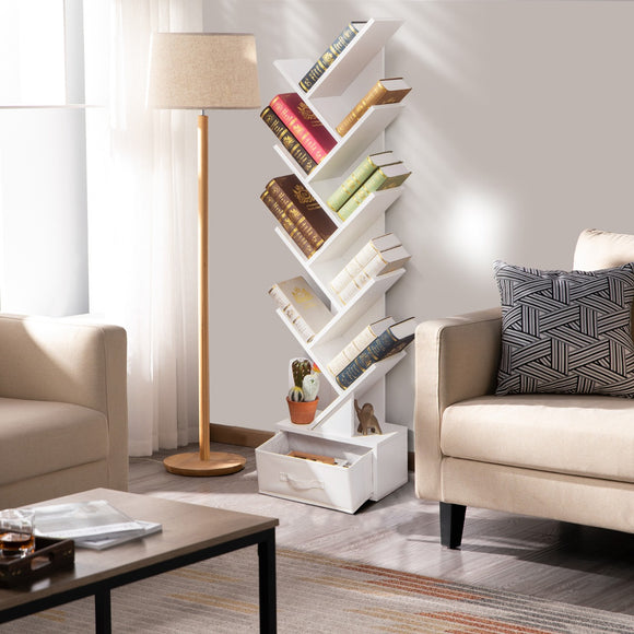 NNECW 10-Tier Tree Bookcase with Drawer for Storage-White
