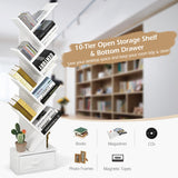 NNECW 10-Tier Tree Bookcase with Drawer for Storage-White