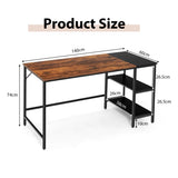 NNECW 140CM Computer Desk with 2-tier Storage Shelves &amp; Steel Frame-Brown